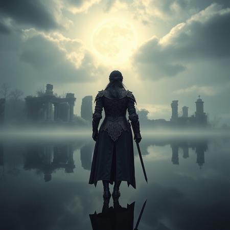 A cinematic full shot of a solitary woman knight standing at the edge of a vast, glass-still lake under a brooding sky. Her exquisitely detailed, dark steel armor is covered in intricate filigree, catching the ethereal volumetric rays of moonlight that pierce through the dense, swirling mist. Ancient, ivy-choked ruins loom in the background, imbuing the scene with a dark academia mood of melancholic history. Her entire pensive figure and the somber landscape are captured in a perfect, haunting reflection on the water's inky surface, creating a powerful sense of quiet contemplation.