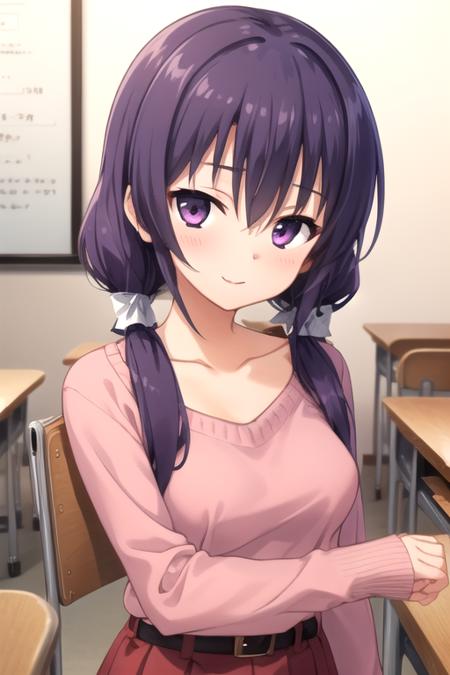 Itsuki Shishi Hime no Mikoto very long hair,purple hair, high twintails,hair ribbon,white ribbon,sidelocks,bangs,purple eyes collarbone,pink sweater,long sleeves,medium breasts,belt,red skirt,bare legs,brown footwear