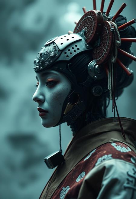 Close Up shot of a Geisha, cyborg parts, creepy, dark movie atmosphere, fog, natural light, cyberpunk background