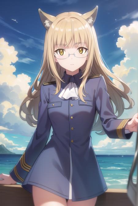 perrineclostermann, <lora:perrine clostermann anime-lora-nochekaiser:1>,
perrine clostermann, long hair, blonde hair, animal ears, (yellow eyes:1.5), glasses, dog ears,
BREAK uniform, military, military uniform, ascot, white ascot,
BREAK outdoors, ship, ocean, sun, sky, clouds,
BREAK looking at viewer, (cowboy shot:1.5),
BREAK <lyco:GoodHands-beta2:1>, (masterpiece:1.2), best quality, high resolution, unity 8k wallpaper, (illustration:0.8), (beautiful detailed eyes:1.6), extremely detailed face, perfect lighting, extremely detailed CG, (perfect hands, perfect anatomy),