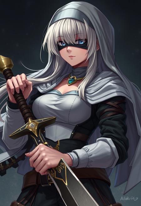 vmix, xuer guangying, masterpiece, best quality, amazing quality, very aesthetic,detailed eyes, perfect eyes, realistic eyes, BREAK, \n1girl, solo, nun, platinum blonde, covered eyes with blindfold, combat outfit, round breast, slim figure, slim waist, trained stomach, revealing clothes, holding big long sword, sword's blade in the ground, epic composition, pathos scene, superhero angle, inspired by final fantasy videogame series, art by Luis Royo, close up, slightly below view, slightly aside shot, dutch angle, close up,\n\n <lora:Expressive_H:0.85> Expressiveh <lora:AIU(Illust)0.2v:0.6> <lora:Sinozick_Style_XL_Pony:0.45> sinozick style, flat color, dark theme <lora:add-detail-xl:1>