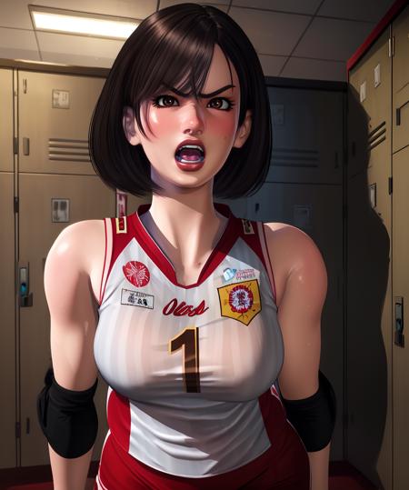 kaori,black hair,brown eyes,short hair,serious, open mouth,  teeth, 
volleyball uniform, 
locker room,dim lighting,
(insanely detailed, beautiful detailed face, masterpiece, best quality),solo,<lora:Maika:0.8>,