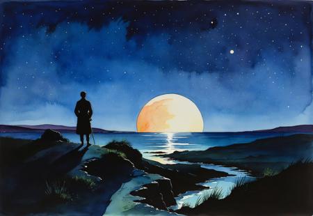 neo-Watercolors, Broad Brushstrokes, tight colors, shadows, A serene smalltwon landscape bathed in moonlight, with a lone figure silhouetted against the horizon, accurate, refined, defined, highly detailed, follow negative prompts,