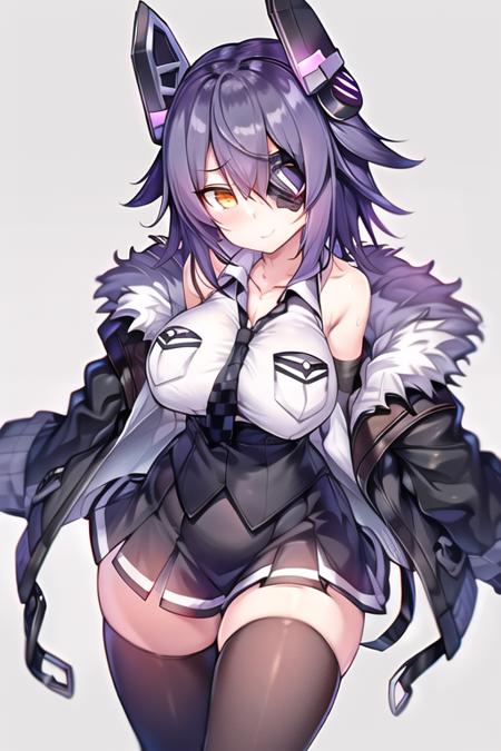 highres, absurdres,best quality, masterpiece, tenryuu \(kancolle\) ,1girl, black gloves, black jacket, black skirt, black thighhighs, breast pocket, checkered necktie, collared shirt,eyepatch, fur-trimmed jacket, fur trim, gloves, headgear, high-waist skirt, jacket, necktie, partially fingerless gloves, pleated skirt, pocket, purple hair, shirt, short hair, skirt, sleeveless, sleeveless shirt, white shirt ,yellow eye, open jacket, standing