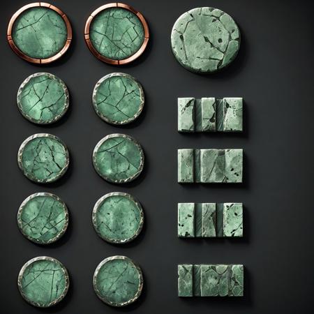 Hyper-realistic, detailed, intricate, flat texture, game item, dark gray-green stone round bar with copper edges, centered, simple black background