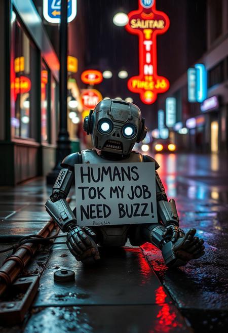 Sad robot sitting on street with sign with following text "HUMANS TOOK MY JOB NEED BUZZ!". Wet street, night, neon lights, raining, worn look, rusty.