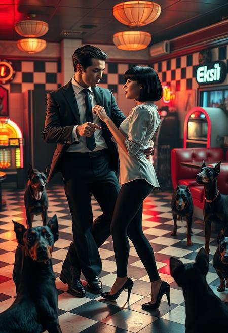 Create a highly realistic image of a dance scene inspired by the iconic moment in “Pulp Fiction,” but with a distinctive twist. The setting is an authentic 1950s diner, with black-and-white checkered floors, red vinyl booths, and neon lights casting a warm, nostalgic glow. A vintage jukebox sits in the corner, softly illuminating the room with its colorful lights.
In the foreground, two characters are captured mid-dance. The man has slicked-back dark hair, wearing a perfectly tailored black suit, white shirt, and skinny black tie. The woman has a sleek black bob haircut, dressed in a crisp white blouse and form-fitting black pants. Both are locked in a playful pose, full of energy and confidence, with the man pointing towards the woman.
Adding a surreal element to the scene, several realistic dobermans with sharp, defined features surround the dance floor. Their postures are tense and alert, with their eyes glowing an unnatural fiery red, as if possessed by a dark force. The eerie presence of the dobermans contrasts sharply with the vibrant, lively energy of the dancers.
In the background, a large, slightly worn cardboard sign hangs prominently, reading “DANCING 4 BUZZ!” in bold, hand-drawn letters. The sign looks like it was hastily made, adding a quirky and almost humorous touch to the intense and otherworldly atmosphere. The overall image should feel vividly real, with a mix of classic nostalgia and unsettling tension, blending the familiar with the bizarre.
