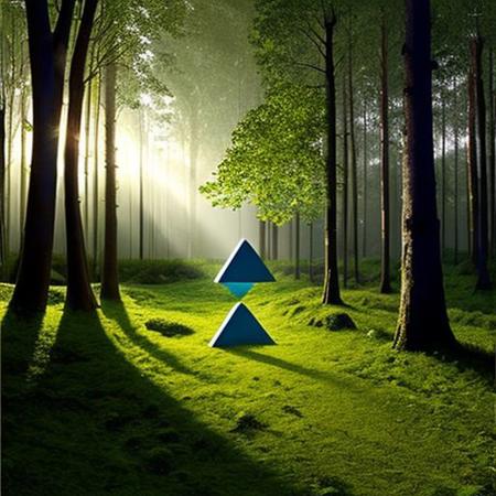 A hyper-realistic painting featuring a three-dimensional blue triangle with human eyes and a mouth, clearly expressing an emotion such as sadness or joy. The triangle should have realistic textures and lighting, making it appear as part of the physical world. It is set in a lush, vibrant forest at dawn, with sunlight filtering through dense foliage, illuminating the moss-covered ground and small wildflowers. Birds and woodland creatures add life to the serene setting. The triangle should blend seamlessly into the environment despite its surreal form, creating a striking contrast between the natural beauty of the forest and the lifelike, anthropomorphic triangle