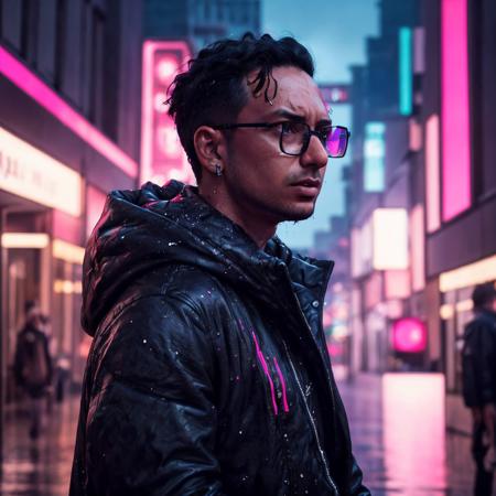 Zizan, a man, cyberpunk city hacker :: neon graffiti, augmented reality black frame glasses, hooded cloak :: rainy night :: Epic cinematic brilliant stunning intricate detailed matte painting, deep color, fantastical, intricate detail, splash screen, complementary colors, fantasy concept art, 8k resolution trending on Artstation, Unreal Engine 5