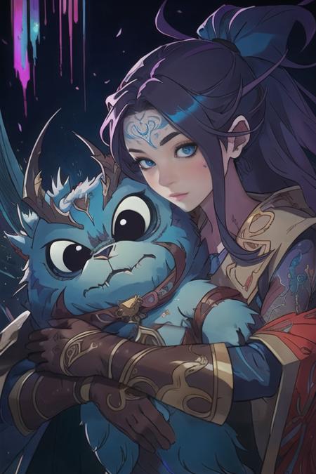 art by Moebius, art by Carne Griffiths,  art by league of legends
beautiful leather gloves, inlaid gold, flat shading, best quality, masterpiece, pretty girl, folded hands
hugging a cute furry blue monster