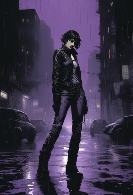 Illustration, black and white, style of  Frank Miller, full body, young woman, standing in the rain, short dark hair, leather jacket, dark dystopian cyberpunk city street,  color accents purple