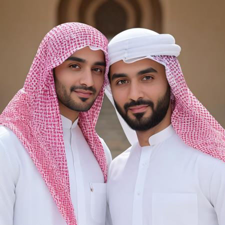 2boys, realistic, ultra quality, highly detailed  <lora:Arab Style Real:0.55>, cap, arabe, bone, Kandoora with Igal, wearing a Tarboosha, Na â Aal, body, Kandoora, white dress, ring on hat, black, a man wearing a pink and white patterned head scarf, mohamed chahin, arab ameera al taweel, arab ameera al-taweel, khyzyl saleem, shabab alizadeh, saadane afif, riyahd cassiem, ameera al-taweel, high quality portrait, kyza saleem