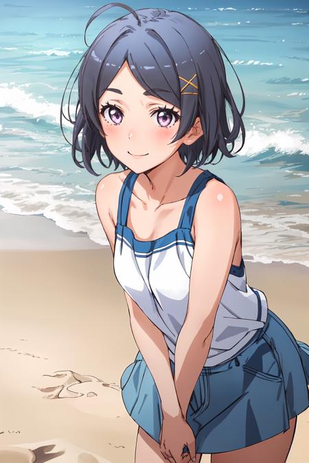 (masterpiece, best quality:1.4), looking at viewer, cowboy shot, smile, blush, komachi hikigaya, purple eyes, hair clip, x hair ornament, short hair, tank top, short, beach, <lora:komachi_hikigaya_v1:0.9>