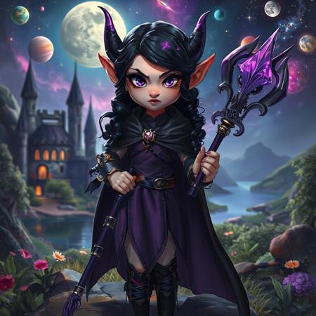 1girl, fantasy elf, long fantasy elven ears, natural lighting, realistic style, round cheek bones, full lips, small mouth, small nose, round face, black velvet boots laced with leather straps, petite, ((very thin waist:1.5)), body shaped like hourglass, long curled black hair with purple highlights, purple eyes, pupils showing, colourful planets and moon and stars and space in the background, a tome, zoomed out, full veiw, a purple elven metal armor, wearing a purple magical staff, long black cloak, hyperealistic, fantasy castlle sitting in a magical jungle in the background, a lake in the background, cute face, purple dress, angry look on her face, very mad elf