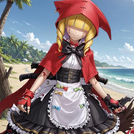 chaperomon 1girl,solo red hood,blonde hair,hair over eyes,stitches maid dress,cape animal slippers