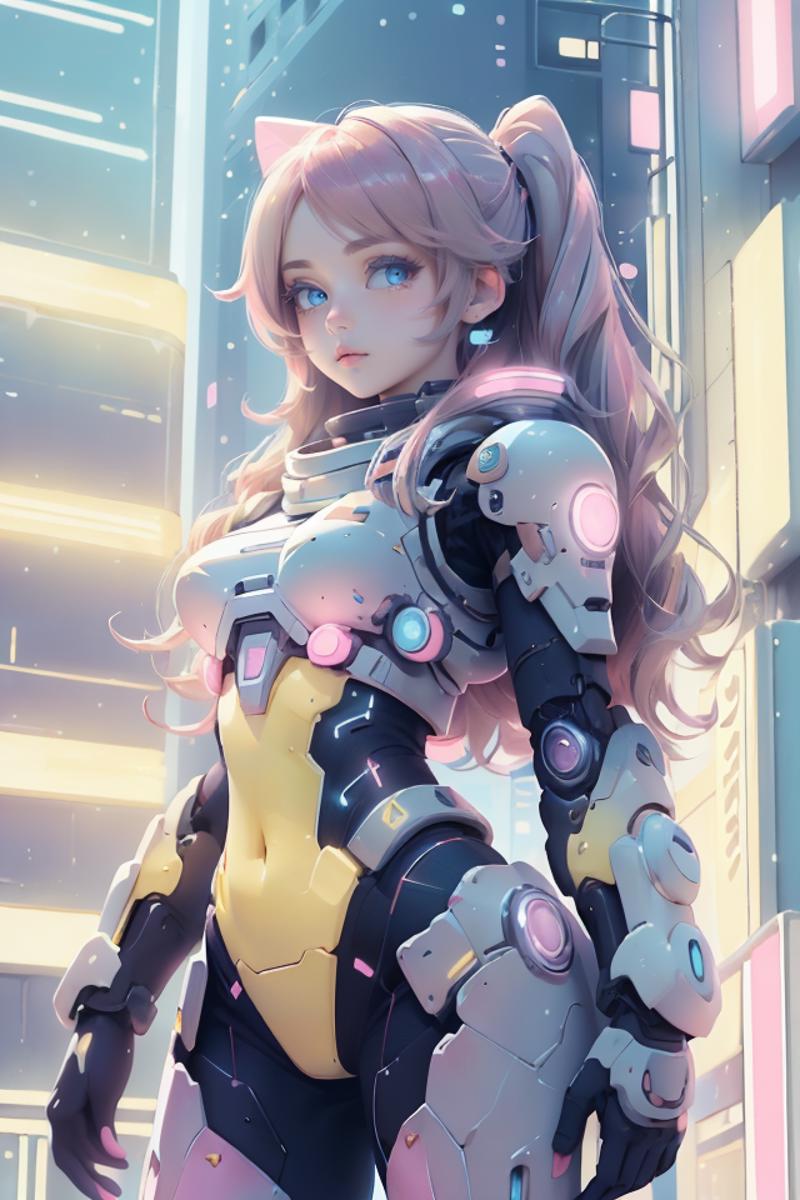 Anime style character with pink hair and yellow and black armor.