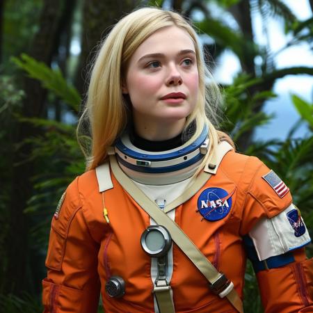 (sfw,best quality, masterpiece),young blonde woman is a astronaut, 25 years old e11ef@nn!ng, skin tight orange nasa space suit,upper body, in the rain forest, closeup