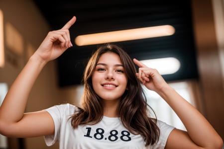 from below,photo of a 18 year old girl,pointing at viewer,happy,shirt,ray tracing,detail shadow,shot on Fujifilm X-T4,85mm f1.2,depth of field,blurry background,bokeh,motion blur,<lora:add_detail:1>,