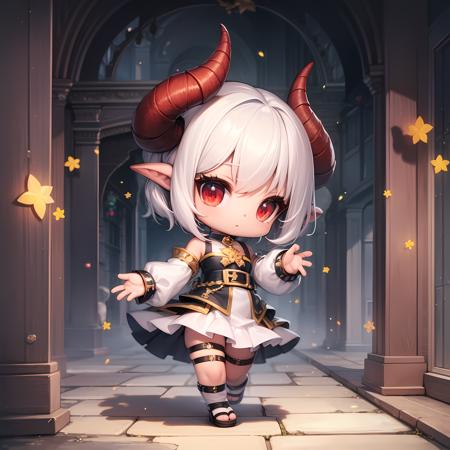 ((masterpiece, best quality)),(complex lighting), solo, full body, 1girl,red eyes, pixie cut ,white hair, shirt, skirt, horns, <lora:maplestory_2_ver1-10:0.8>,chibi,  tan,