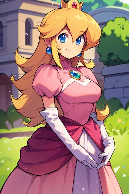 Princess_Peach,  blonde hair, blue eyes, long hair, crown, dress, gem, gloves, pink dress, puffy sleeves, short sleeves, white gloves, Swordfighter_Peach, solo, 1girl, hat, blonde hair, blue eyes, jewelry, earrings, long hair, rapier, hat feather, pants, ascot, red rose, hat flower, ponytail, white pants, white gloves, boots, blue jacket, long sleeves,