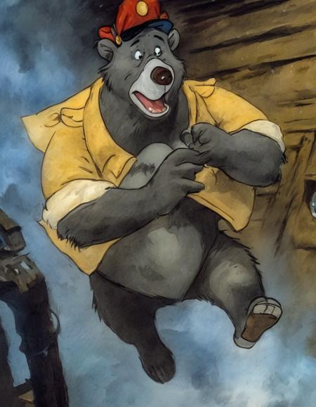 BAStyle, <lora:TaleSpin_-_Baloo_2:0.8> 1boy, bear baloo, cartoon, face, furry, hat, male focus, peaked cap, red headwear, solo, yellow shirt, full body, running away from santa claus,  highest quality, a painting , magic, [sci-fi artwork], bold colors, by Dave Dorman, From Above, Fujifilm, RAW