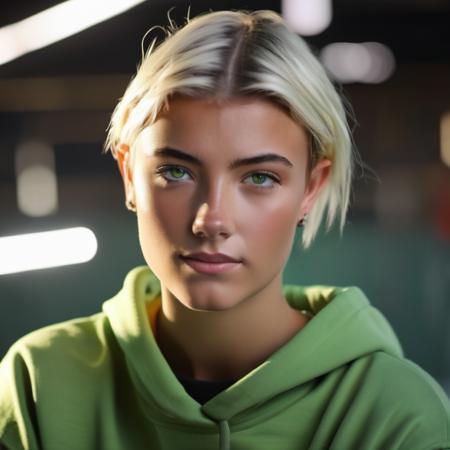 fashion photo, Realistic 8K portrait: A young tomboy, blonde, short hair, green eyes, fashion clothing; dramatic lighting, cinematic colors; hyper-above <lora:Charli_DAmelio_xl_lora-000036:1>, hi detail, sharp focus, perfect lighting, awesome, dslr, 4k high quality. extra detail, extra sharp, magical, perfect moment, natural skin, pores