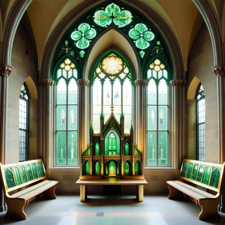 a cathedral entirely constructed from layered green circuit boards, archways soldered with gold lines, stained-glass windows replaced by translucent processor wafers, benches made of stacked memory chips, ambient light glowing through microtraces, pcb_style