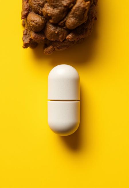 simple background, food, no humans, yellow background, yellow theme, still life, pill