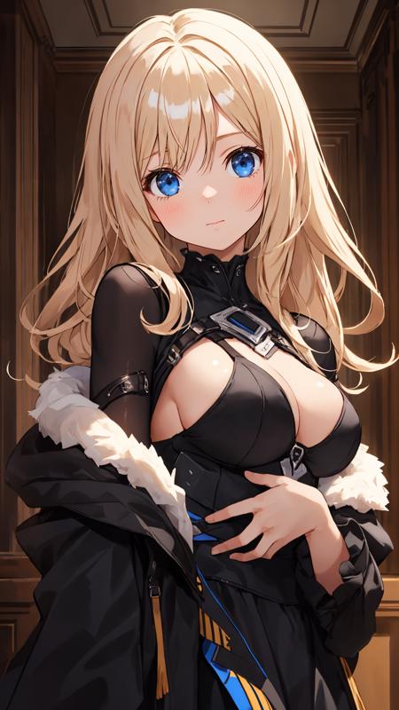 (masterpiece), (best quality), looking at viewer, 1girl, bright skin, (shiny skin:1.2), (black theme), indoors, curious face, upper body, (natural wavy:0.8), medeum breasts, day, layered style, mountain,