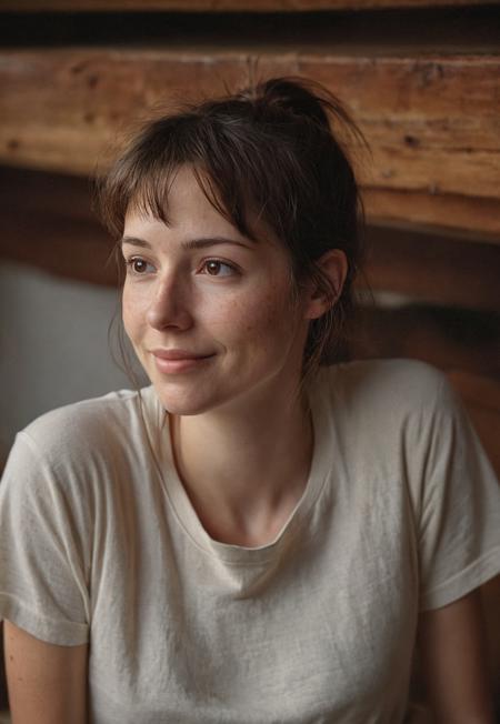 safe_pos, An beautiful 35mm photo of a 30 year old Dutch woman, sideview, ((t-shirt)) ((jeans)) ((sneakers)), she has a comely face, pale skin, very dark eyes, chocolate brown hair, straight hair, 70's fringe, ponytail, beautiful mouth, long face, narrow chin, freckles on nose, birthmarks on stomach, she is slim, medium tits, natural tits, perfectly shaped tits, pubic hair, ultra realistic, extremely detailed, highly detailed eyes, realistic eyes, highly detailed skin, realistic skin, in a cabin in the woods, cheeky smile, evening, soft natural light, Rembrandt style light, 8k resolution, masterpiece, 35mm, Hasselblad, film grain, ((Photorealistic:1))
