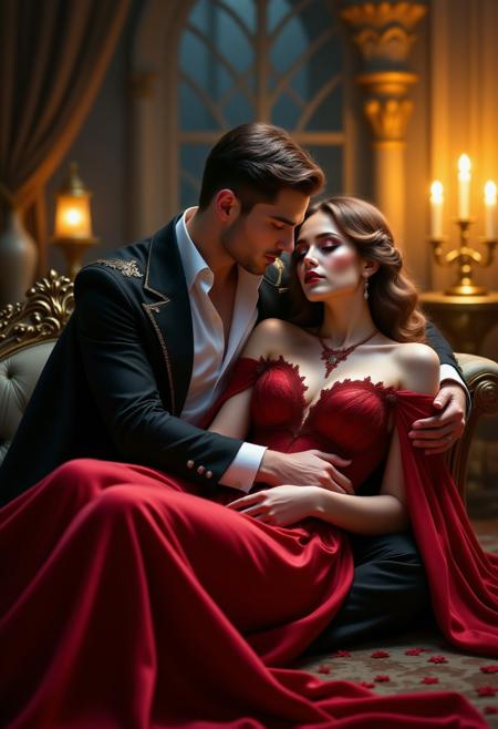 (Tragic Vampire Love Story Style) – A noble vampire prince cradling the lifeless body of his mortal lover in his arms, blood dripping from his lips. The golden candlelight flickers, casting long shadows as he whispers a curse upon the world for taking her away. (gothic romance anime, dark aesthetic, tragic love story, dramatic composition, vampire sorrow, soft glowing effects)
,pinkhidreamfantasy