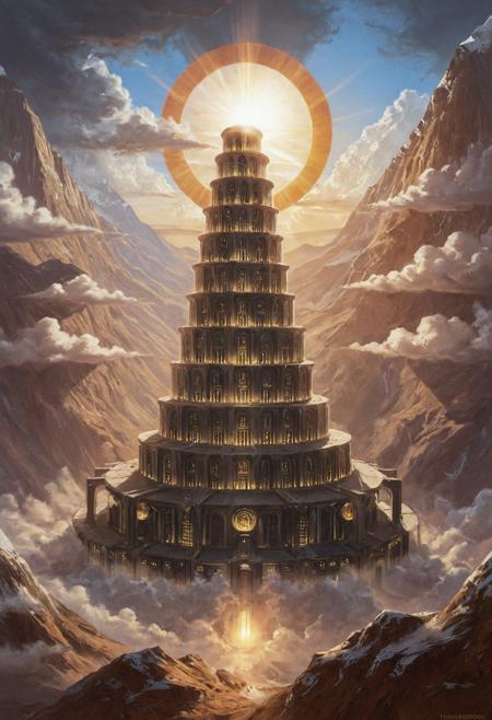 urithiru, tower city, sun, see of clouds, circle platforms, light emanating from windows, day, mountain, <lora:Urithiru:0.6>
