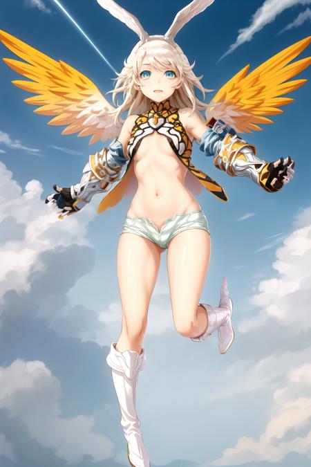 masterpiece, best quality, gabriel, gabrielmain, short shorts, white gauntlets, white boots, head wings, bare shoulders, heavenly, angelic, clouds, flying, god rays <lora:GabrielV1:0.9>