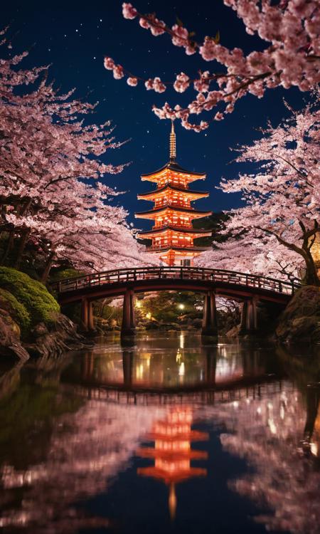 cinematic still Digital painting. Spring in Japan brings a pink-and-white-tinged parade of cherry blossoms. Nighttime illuminations, glimpsed over timeless bridges, at enchanting temples, and in spectacular parks, imbue these seasonal symbols with a fantastical atmosphere not seen during the day. Witness light-ups in spots like Miidera-temple Bokeh blur. OverallDetail . emotional, harmonious, vignette, 4k epic detailed, shot on kodak, 35mm photo, sharp focus, high budget, cinemascope, moody, epic, gorgeous, film grain, grainy, Digital painting. Spring in Japan brings a pink-and-white-tinged parade of cherry blossoms. Nighttime illuminations, glimpsed over timeless bridges, at enchanting temples, and in spectacular parks, imbue these seasonal symbols with a fantastical atmosphere not seen during the day. Witness light-ups in spots like Miidera-temple Bokeh blur. OverallDetail, elaborate, elegant, highly detailed, sharp focus, radiant illumination, bright colors, cinematic, sublime, enhanced, joyful, dramatic, magical, scenic, thought, epic, fantastic, very inspirational, awarded, artistic, cute, best, perfect, gorgeous, illuminated, fabulous, beautiful, stunning, inspiring, amazing, pretty, creative, cool