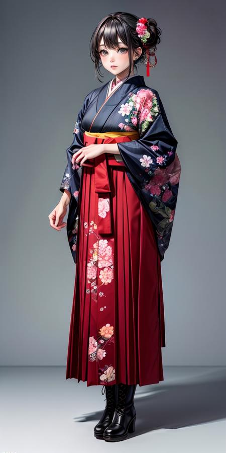  furisode, jyojifuku, hakama, floral print, hair ornament boots