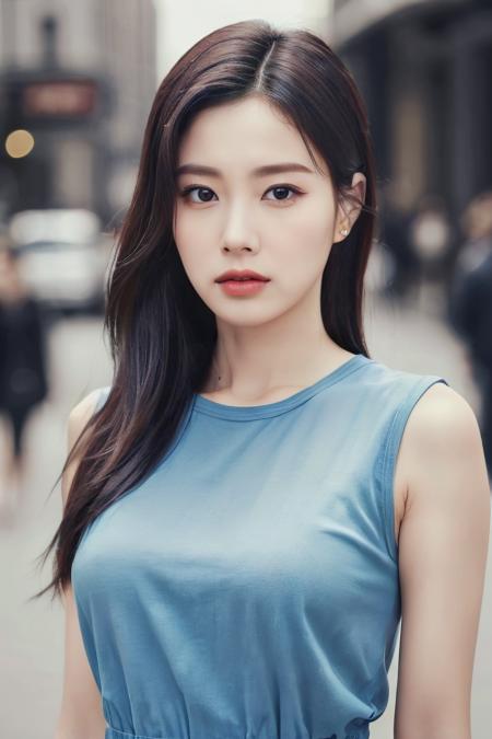 a woman, (realistic), (hyperrealism), (photorealistic), depth of field, eye makeup:0.5, (upper body:1.2), (narrow waist:0.7), looking at the viewer, casual outfit, at the city streets, <lora:httphyewon:0.45>