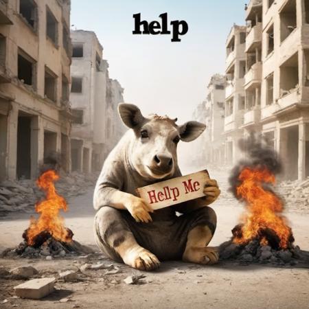 creative bio poster, animal with little girl, ruin city, smoke, burning, damage, GAZA street, Sitting sideways on the ground holding a sign saying "HELP ME"