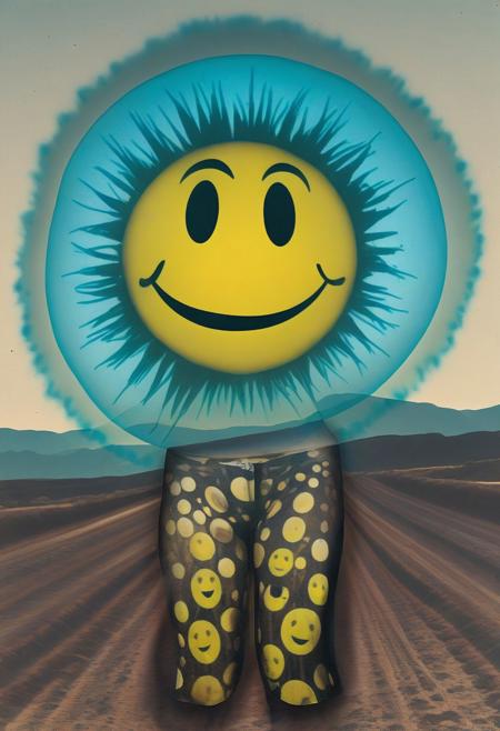 a human bending over to express an enormous acid smiley face superimposed on each buttock, double exposure photography technique, post processing, bohemian, Avant-garde surrealism, abstract dadism, absolutely mental image, x-ray, deconstructed faces, surreal, mixed media, collage, avant-garde, punk style