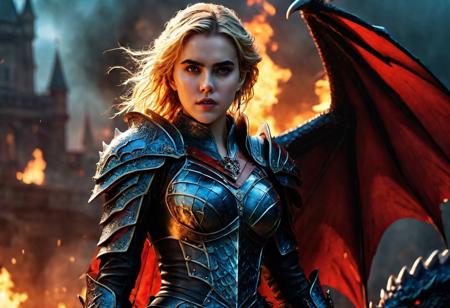 High resolution ultra-realistic of sinister High resolution  epic fantasy castel, beautiful Dragon Rider warrior girl, dark fantasy, red hair, flying in battle on a terrible dragon, bright colors, ultra-realistic body, perfect athletic body, Attractive girl, artgem, WLOP, realistic tight dirty bloody iron armor, beautiful as Kiernan Shipka as Dragon Rider warrior girl, fire, defiant and seductive, covered in dirt and blood, cinematic colors Lighting, extremely detailed, 8K, wavy blonde hair, realistic very dirty bloody face, realistic blue eyes, beautiful Warrior girl on in cool outfit, hyper-detailed, hyper-realistic, Attractive 21 old years girl, Attractive, perfect athletic figure, handsome vampire pale bloody face, beautiful perfect detailed pupils, wet oily shiny skin, beautiful breasts, Dark Ages, intricate, smooth, sharp focus digital painting, Asymmetrical Balance, hyperdetailed painting, dynamic lighting, very detailed