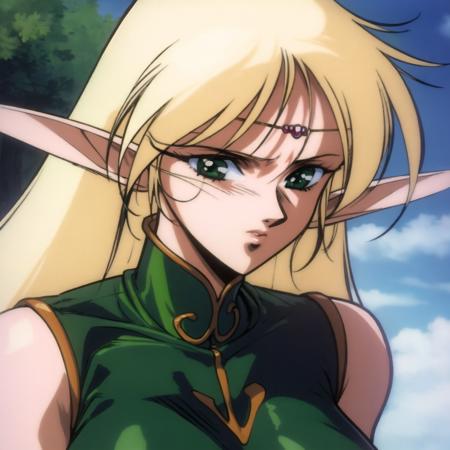 retro artstyle, 1990s \(style\), masterpiece, best quality, deedlit, 1girl, female elf, pointy ears, blonde hair, very long hair, green eyes, medium breasts, sleeveless, green dress, short dress, highly detailed, upper body, <lora:DeedlitLoRA2:1>