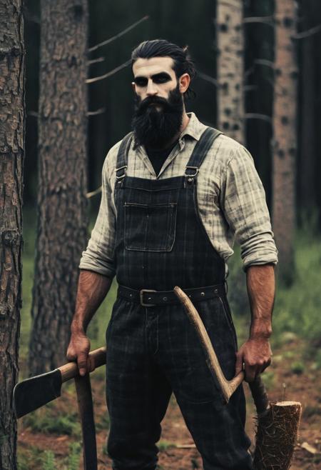 novuschroma style strong human farmer male in  forest village, lumberjack