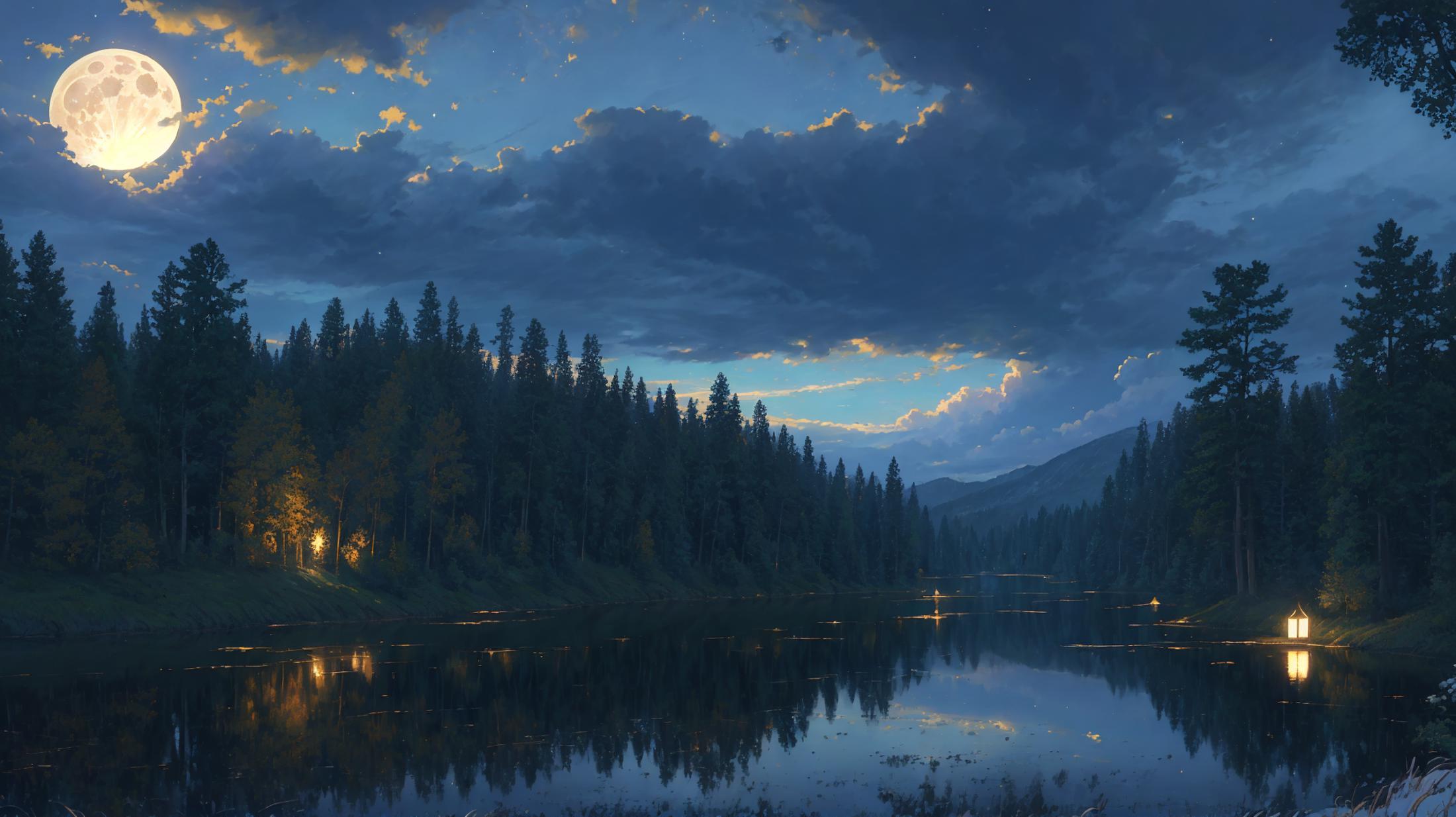 A serene forest and lake scene at dusk, with blue skies and clouds above.