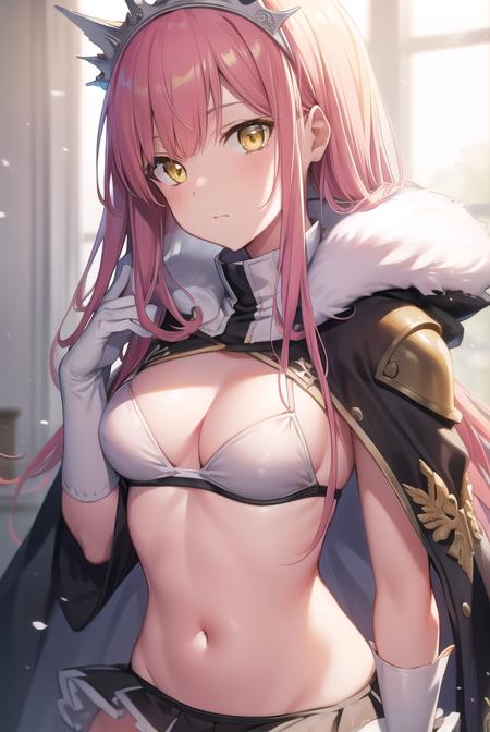 medb, <lora:medb-lora-nochekaiser:1>,
medb, long hair, pink hair, (yellow eyes:1.5),
BREAK bikini, bikini top only, boots, cape, fur boots, fur trim, knee boots, midriff, miniskirt, navel, panties, pleated skirt, skirt, swimsuit, tiara, underwear, white footwear, white gloves, white legwear, white skirt,
BREAK looking at viewer,
BREAK indoors, bed,
BREAK <lyco:GoodHands-beta2:1>, (masterpiece:1.2), best quality, high resolution, unity 8k wallpaper, (illustration:0.8), (beautiful detailed eyes:1.6), extremely detailed face, perfect lighting, extremely detailed CG, (perfect hands, perfect anatomy),