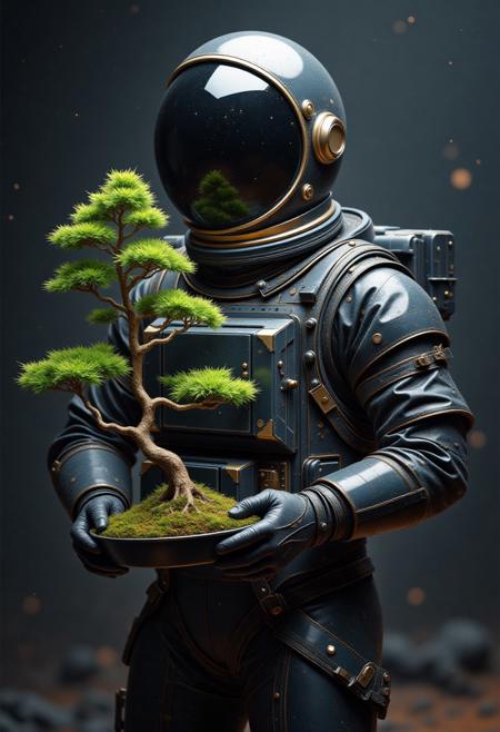 Astronaut in a sleek black spacesuit, holding a vibrant bonsai, set against a dark, gritty nanopunk astral backdrop, with intricately detailed, hyperrealistic textures, with cinematic, high-contrast lighting, and a focus on macro-level details, reminiscent of 64-megapixel HDR photography, featuring complementary colors and volumetric lighting.