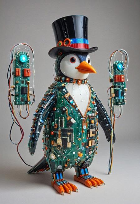 embedding:lazmpos, Transistors, pcb_style, LED, colorful LED lights, RGB lights, red green and blue penguin, art deco, top hat, cane, monocle,RetroBG