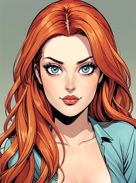 ellyclutch, long red hair, looking at viewer, graphic novels illustration style, <lora:ellyclutch:0.9>