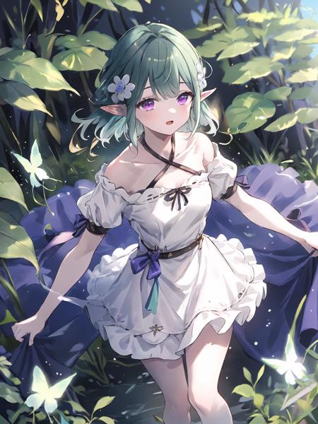 masterpiece,best quality,highres,cinematic lighting,dramatic angle,1girl,CastelleYoung,green hair,pointy ears,purple eyes,hair flower,hair ornament,white short dress,short sleeves,criss-cross halter,belt,ribbons,cross-laced footwear,<lora:ShadowverseCastelle_VerdiliaV2-000013:0.8:lbw=1,0.1,0.2,1,1,0.4,0.1,0.8,0.8,1,1,1,1,1,1,1,1>,arm up,open mouth,chasing butterfly,happy,woods,grass,portrait,bare legs,