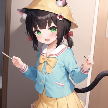 (masterpiece, best quality:1.2),illustration,8k,hd,1girl,solo,upper body,(portrait:1.2),animal_ears,cat_ears,short_hair,twintails,brown_hair,ribbon,tail,short_twintails,cat_tail,green_eyes,hat,bow,animal_ear_fluff,tail_ornament,school_hat,cat_girl,tail_ribbon,hair_between_eyes,aqua_shirt,ears_through_headwear,kindergarten_uniform,long_sleeves,pleated_skirt,shirt,skirt,yellow_headwear,yellow_skirt,bangs,red_ribbon,hair_ribbon,tail_bell,tail_bow,purple_eyes,bowtie,red_bow,yellow_bow,white_sailor_collar,low_twintails,<lora:Mutsuki(azur)>,