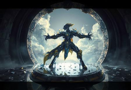 Epic detailed full-body illustration: A Hook the Hidden Knight stands on a Mirror Gate surface, adorned with blue and yellow accents, giving it a dynamic appearance. Its arms and legs are spread, and its head is turned, as if observing scattered Mirror Mail pieces in the open gate. The final artwork should be 4K, exceptionally detailed, handcrafted, and feature captivating lighting and composition. Convey a powerful message, and showcase vivid emotions and intricate details. Cinematic lighting and HD quality expected.
