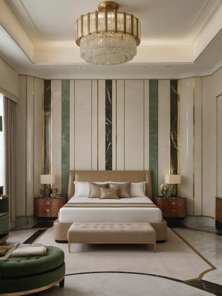 <lora:JJsArtDeco_XL:1>,  ((best quality)),((masterpiece)),((realistic)), (((Art Deco)))  , no humans, floor, window, curtains, indoor, photorealistic, ceiling light, RAW photo,Masterpiece, high quality, best quality, authentic, ,windows , dslr, soft lighting, high quality, film grain, Fujifilm XT3, dramatic lighting, bed, sofa, door,gold, green marble,